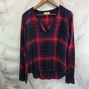 Anthropologie Shirt Women Medium Blue Plaid Flannel V Neck Cloth & Stone